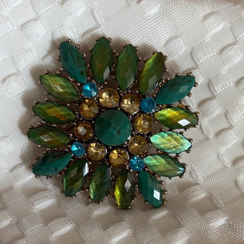 Vintage Green and Blue Navette Rhinestone Flower Brooch